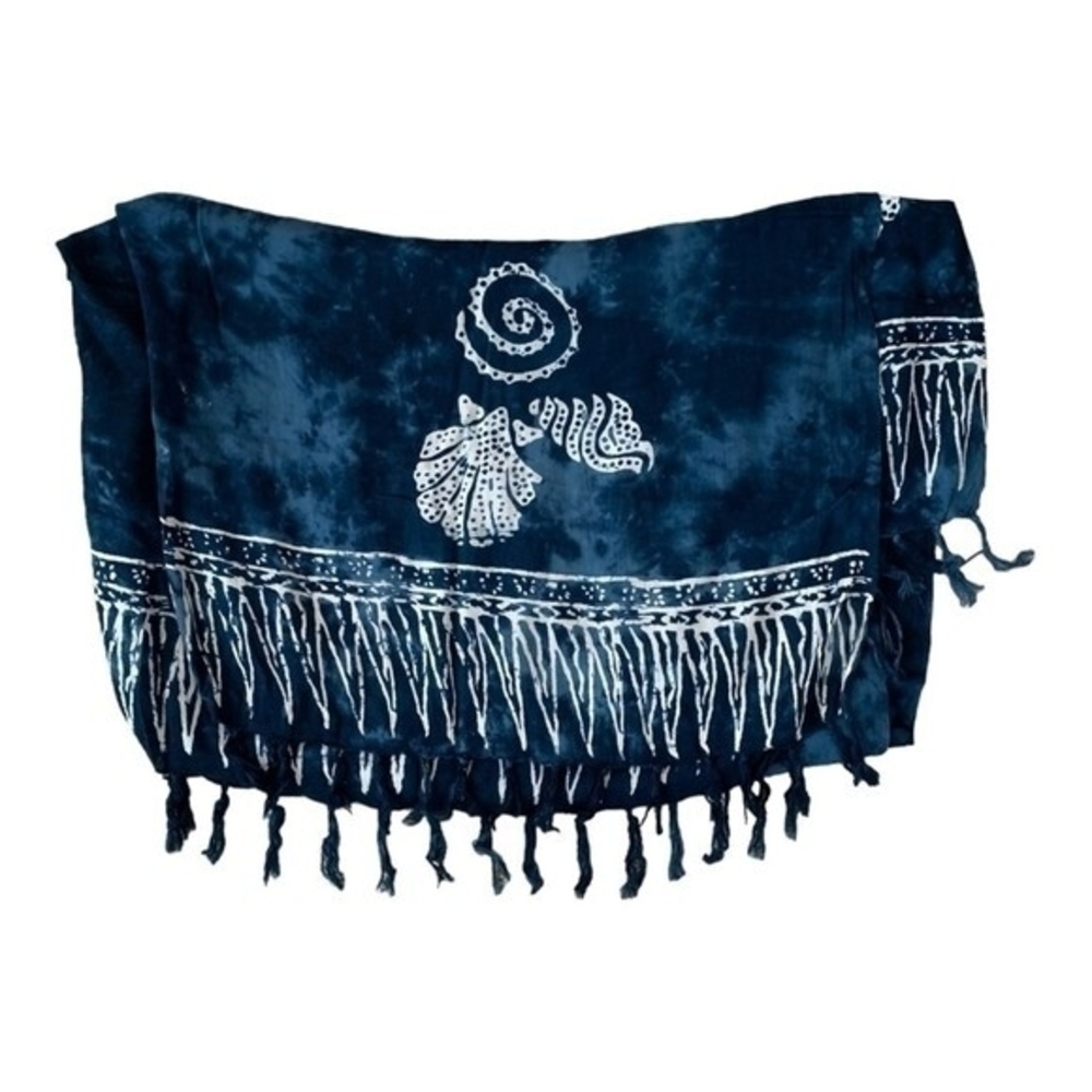 Hawaiian Blue Coastal Shells Sarong 64x46 Rayon Beach Cover Up Wrap Scarf EXC - Picture 7 of 7